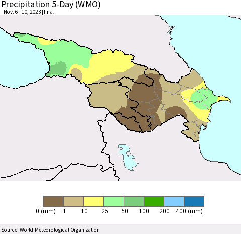 Azerbaijan, Armenia and Georgia Precipitation 5-Day (WMO) Thematic Map For 11/6/2023 - 11/10/2023