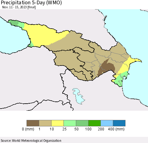 Azerbaijan, Armenia and Georgia Precipitation 5-Day (WMO) Thematic Map For 11/11/2023 - 11/15/2023