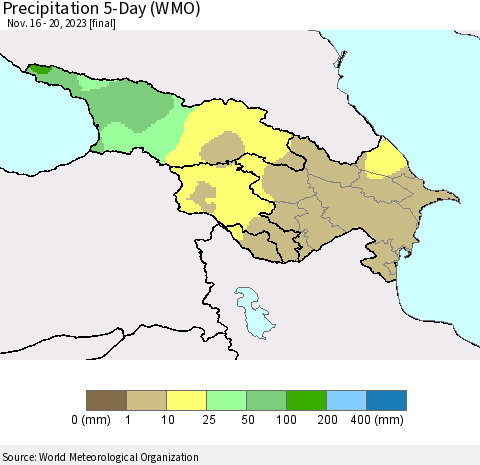 Azerbaijan, Armenia and Georgia Precipitation 5-Day (WMO) Thematic Map For 11/16/2023 - 11/20/2023