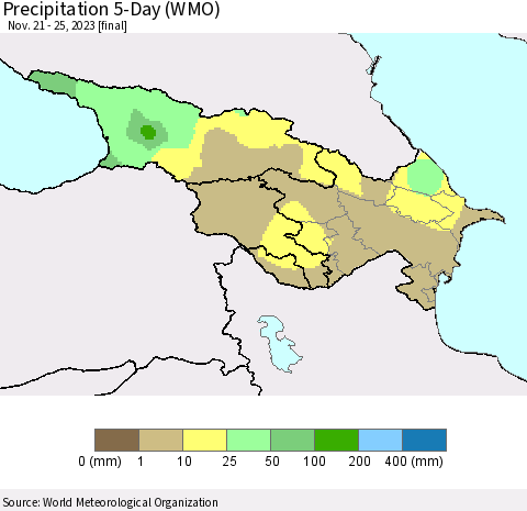 Azerbaijan, Armenia and Georgia Precipitation 5-Day (WMO) Thematic Map For 11/21/2023 - 11/25/2023