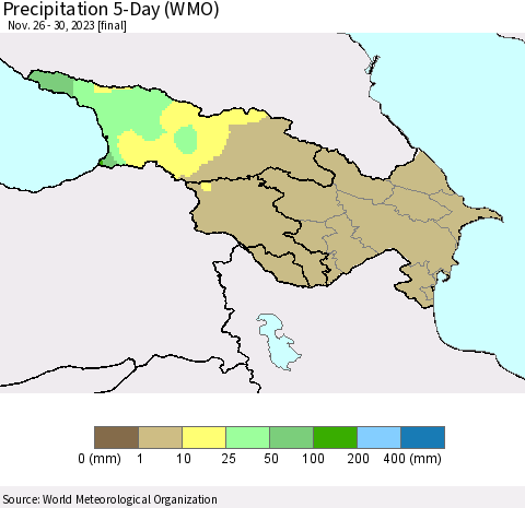 Azerbaijan, Armenia and Georgia Precipitation 5-Day (WMO) Thematic Map For 11/26/2023 - 11/30/2023