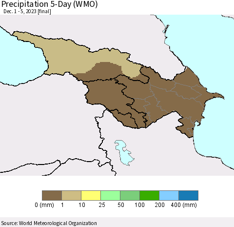 Azerbaijan, Armenia and Georgia Precipitation 5-Day (WMO) Thematic Map For 12/1/2023 - 12/5/2023