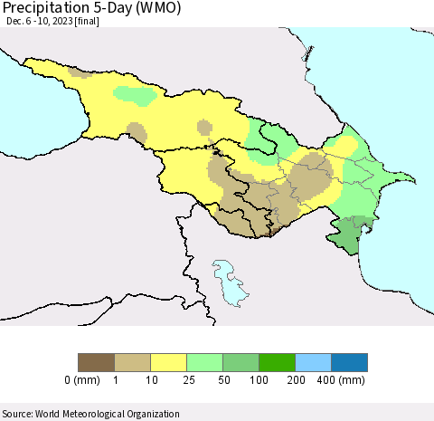 Azerbaijan, Armenia and Georgia Precipitation 5-Day (WMO) Thematic Map For 12/6/2023 - 12/10/2023