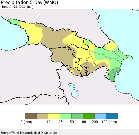 Azerbaijan, Armenia and Georgia Precipitation 5-Day (WMO) Thematic Map For 12/11/2023 - 12/15/2023