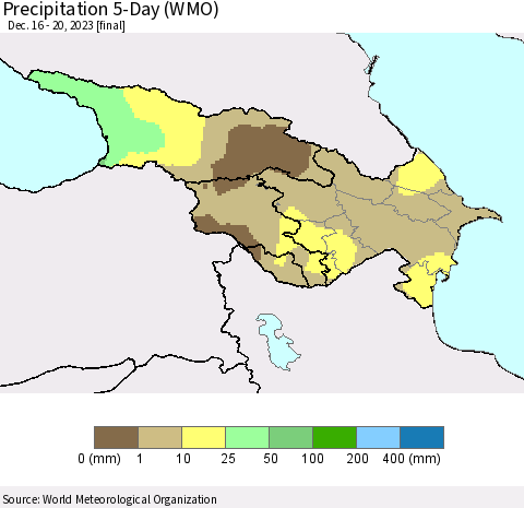Azerbaijan, Armenia and Georgia Precipitation 5-Day (WMO) Thematic Map For 12/16/2023 - 12/20/2023