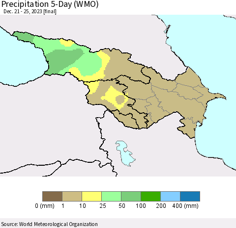 Azerbaijan, Armenia and Georgia Precipitation 5-Day (WMO) Thematic Map For 12/21/2023 - 12/25/2023