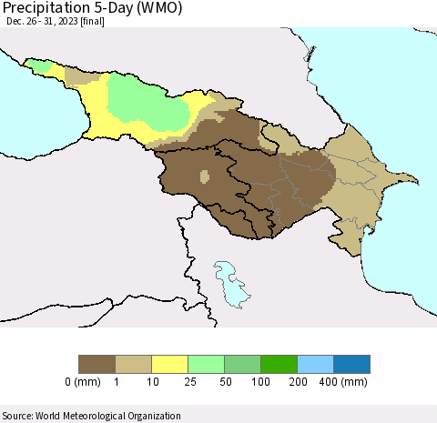 Azerbaijan, Armenia and Georgia Precipitation 5-Day (WMO) Thematic Map For 12/26/2023 - 12/31/2023