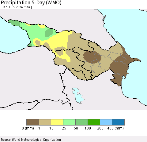 Azerbaijan, Armenia and Georgia Precipitation 5-Day (WMO) Thematic Map For 1/1/2024 - 1/5/2024
