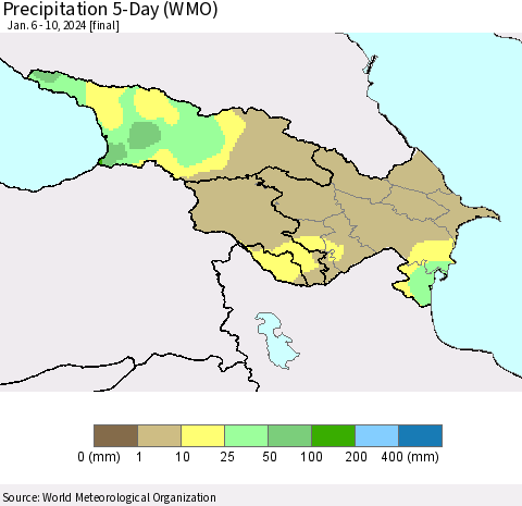 Azerbaijan, Armenia and Georgia Precipitation 5-Day (WMO) Thematic Map For 1/6/2024 - 1/10/2024