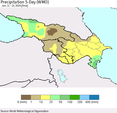 Azerbaijan, Armenia and Georgia Precipitation 5-Day (WMO) Thematic Map For 1/11/2024 - 1/15/2024