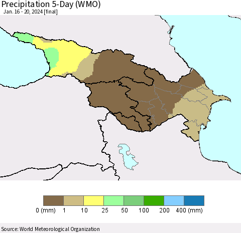 Azerbaijan, Armenia and Georgia Precipitation 5-Day (WMO) Thematic Map For 1/16/2024 - 1/20/2024