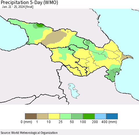 Azerbaijan, Armenia and Georgia Precipitation 5-Day (WMO) Thematic Map For 1/21/2024 - 1/25/2024