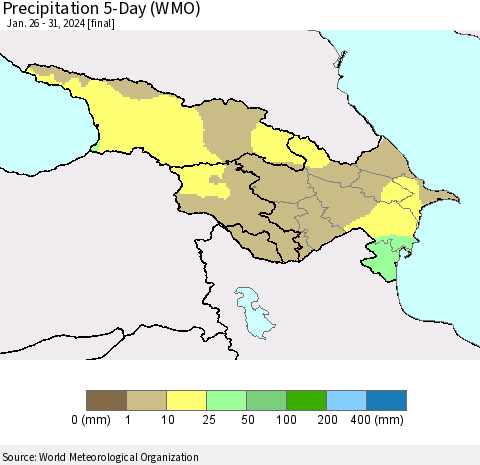 Azerbaijan, Armenia and Georgia Precipitation 5-Day (WMO) Thematic Map For 1/26/2024 - 1/31/2024