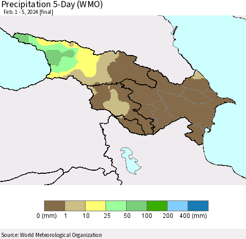 Azerbaijan, Armenia and Georgia Precipitation 5-Day (WMO) Thematic Map For 2/1/2024 - 2/5/2024