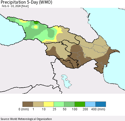 Azerbaijan, Armenia and Georgia Precipitation 5-Day (WMO) Thematic Map For 2/6/2024 - 2/10/2024