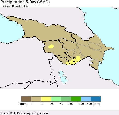 Azerbaijan, Armenia and Georgia Precipitation 5-Day (WMO) Thematic Map For 2/11/2024 - 2/15/2024