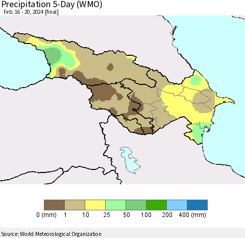 Azerbaijan, Armenia and Georgia Precipitation 5-Day (WMO) Thematic Map For 2/16/2024 - 2/20/2024