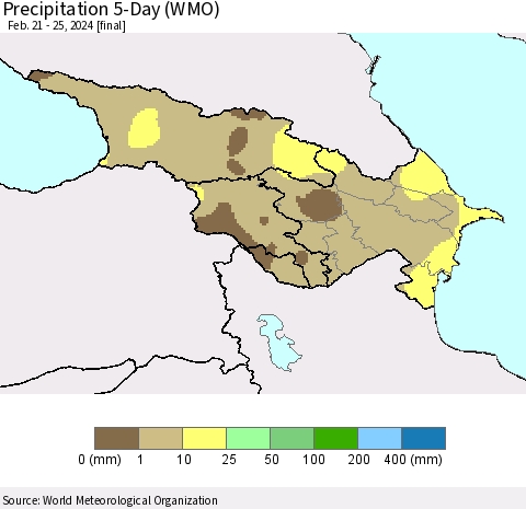 Azerbaijan, Armenia and Georgia Precipitation 5-Day (WMO) Thematic Map For 2/21/2024 - 2/25/2024