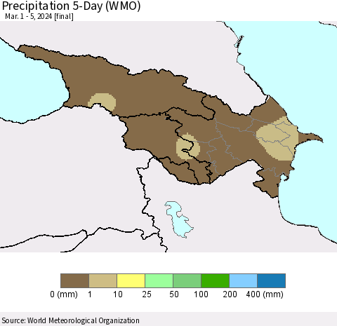 Azerbaijan, Armenia and Georgia Precipitation 5-Day (WMO) Thematic Map For 3/1/2024 - 3/5/2024