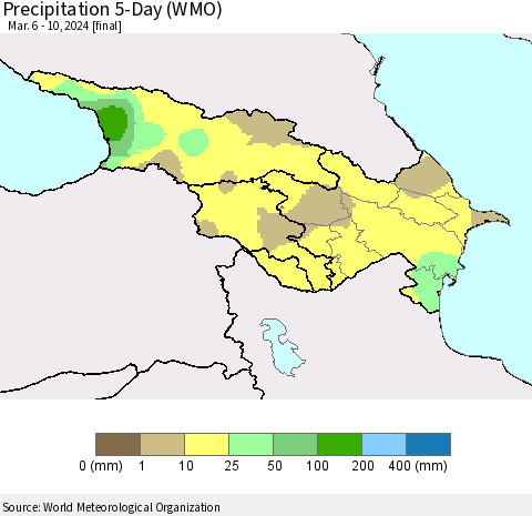 Azerbaijan, Armenia and Georgia Precipitation 5-Day (WMO) Thematic Map For 3/6/2024 - 3/10/2024