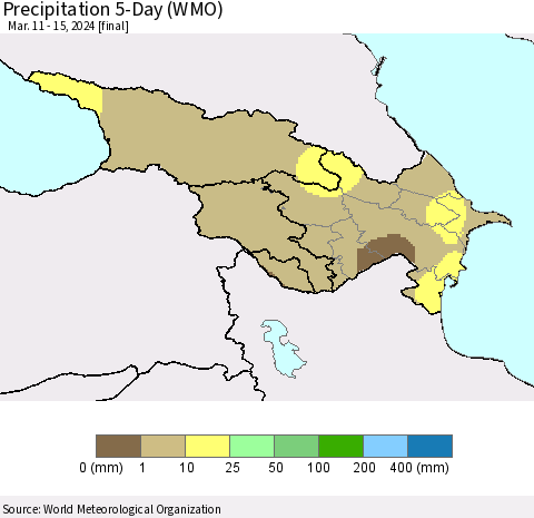 Azerbaijan, Armenia and Georgia Precipitation 5-Day (WMO) Thematic Map For 3/11/2024 - 3/15/2024