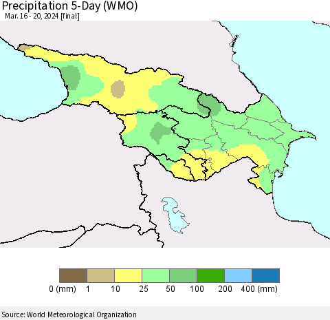 Azerbaijan, Armenia and Georgia Precipitation 5-Day (WMO) Thematic Map For 3/16/2024 - 3/20/2024