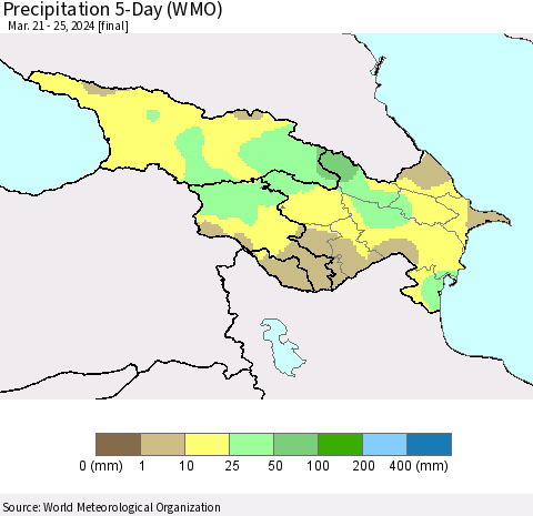 Azerbaijan, Armenia and Georgia Precipitation 5-Day (WMO) Thematic Map For 3/21/2024 - 3/25/2024