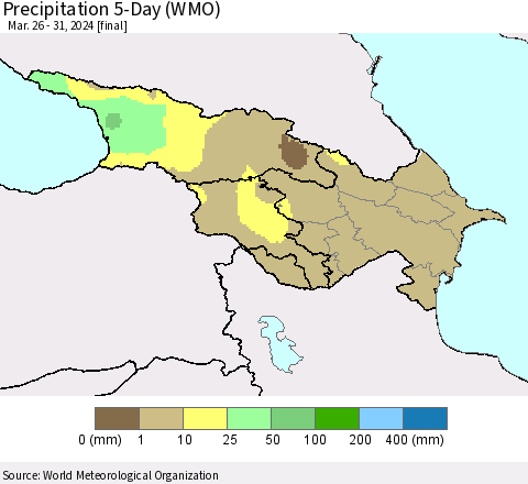 Azerbaijan, Armenia and Georgia Precipitation 5-Day (WMO) Thematic Map For 3/26/2024 - 3/31/2024