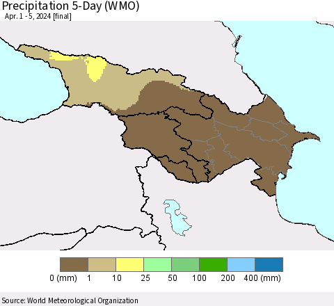 Azerbaijan, Armenia and Georgia Precipitation 5-Day (WMO) Thematic Map For 4/1/2024 - 4/5/2024