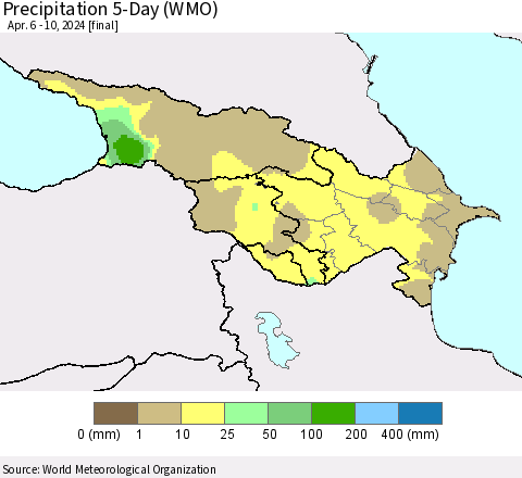 Azerbaijan, Armenia and Georgia Precipitation 5-Day (WMO) Thematic Map For 4/6/2024 - 4/10/2024