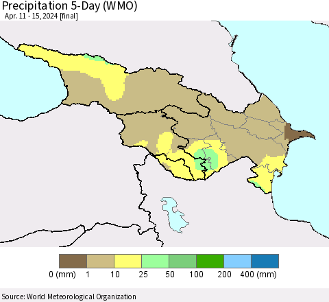 Azerbaijan, Armenia and Georgia Precipitation 5-Day (WMO) Thematic Map For 4/11/2024 - 4/15/2024