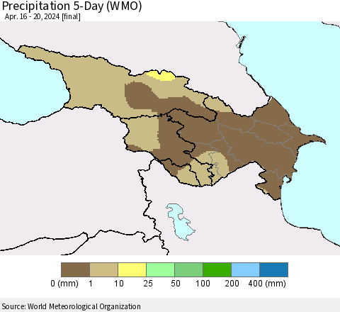 Azerbaijan, Armenia and Georgia Precipitation 5-Day (WMO) Thematic Map For 4/16/2024 - 4/20/2024