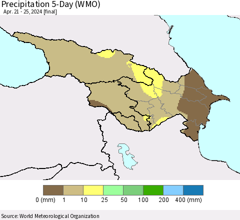 Azerbaijan, Armenia and Georgia Precipitation 5-Day (WMO) Thematic Map For 4/21/2024 - 4/25/2024