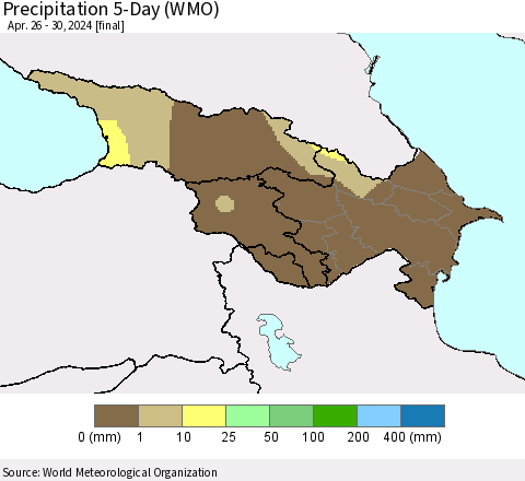 Azerbaijan, Armenia and Georgia Precipitation 5-Day (WMO) Thematic Map For 4/26/2024 - 4/30/2024