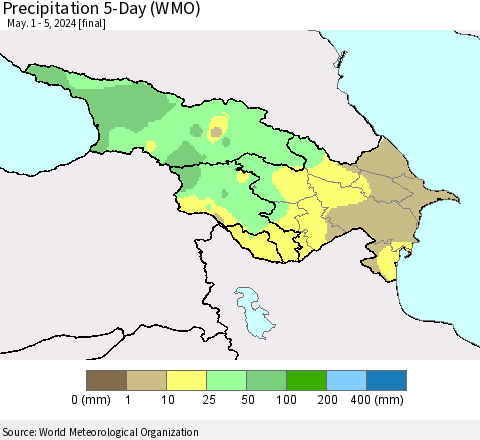 Azerbaijan, Armenia and Georgia Precipitation 5-Day (WMO) Thematic Map For 5/1/2024 - 5/5/2024