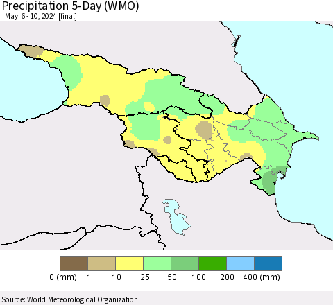 Azerbaijan, Armenia and Georgia Precipitation 5-Day (WMO) Thematic Map For 5/6/2024 - 5/10/2024