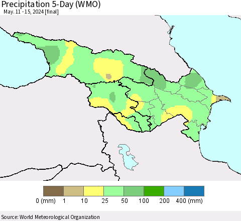 Azerbaijan, Armenia and Georgia Precipitation 5-Day (WMO) Thematic Map For 5/11/2024 - 5/15/2024