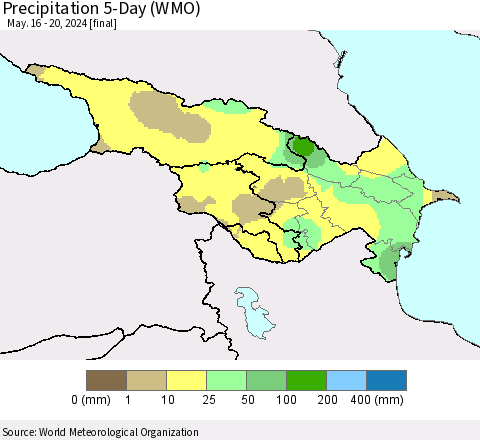 Azerbaijan, Armenia and Georgia Precipitation 5-Day (WMO) Thematic Map For 5/16/2024 - 5/20/2024