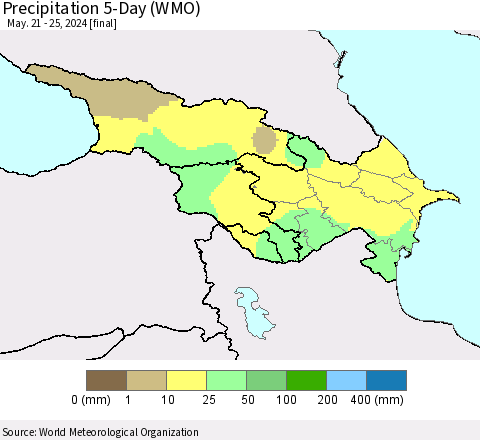 Azerbaijan, Armenia and Georgia Precipitation 5-Day (WMO) Thematic Map For 5/21/2024 - 5/25/2024