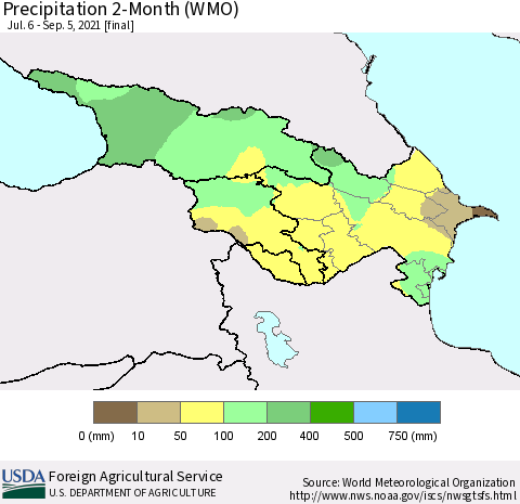 Azerbaijan, Armenia and Georgia Precipitation 2-Month (WMO) Thematic Map For 7/6/2021 - 9/5/2021