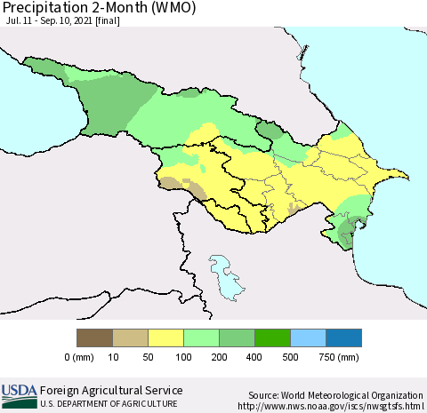 Azerbaijan, Armenia and Georgia Precipitation 2-Month (WMO) Thematic Map For 7/11/2021 - 9/10/2021