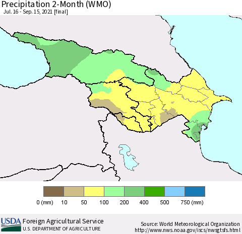 Azerbaijan, Armenia and Georgia Precipitation 2-Month (WMO) Thematic Map For 7/16/2021 - 9/15/2021