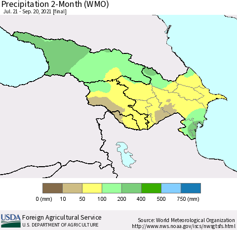 Azerbaijan, Armenia and Georgia Precipitation 2-Month (WMO) Thematic Map For 7/21/2021 - 9/20/2021
