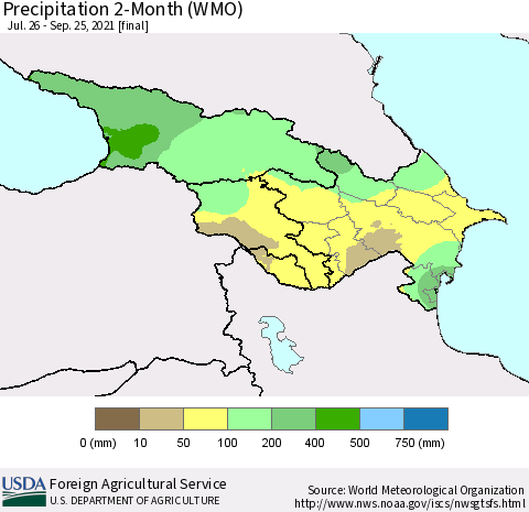 Azerbaijan, Armenia and Georgia Precipitation 2-Month (WMO) Thematic Map For 7/26/2021 - 9/25/2021