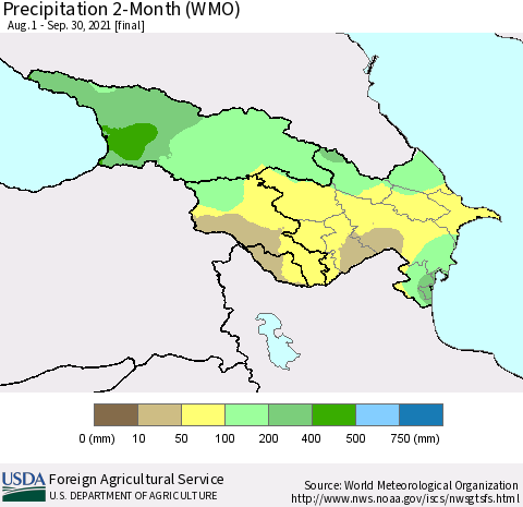 Azerbaijan, Armenia and Georgia Precipitation 2-Month (WMO) Thematic Map For 8/1/2021 - 9/30/2021