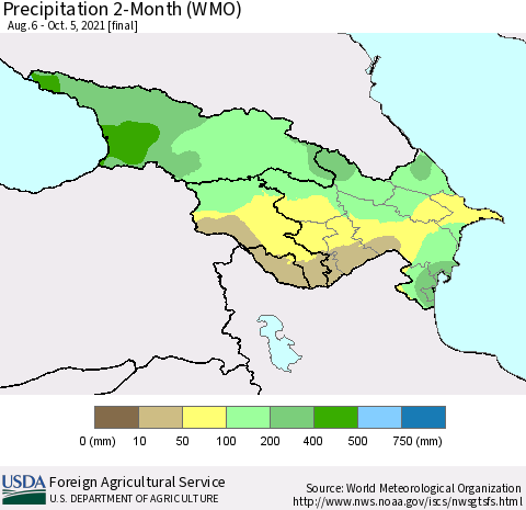Azerbaijan, Armenia and Georgia Precipitation 2-Month (WMO) Thematic Map For 8/6/2021 - 10/5/2021