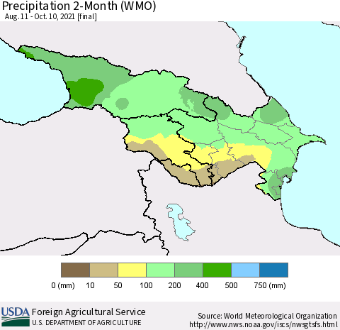 Azerbaijan, Armenia and Georgia Precipitation 2-Month (WMO) Thematic Map For 8/11/2021 - 10/10/2021