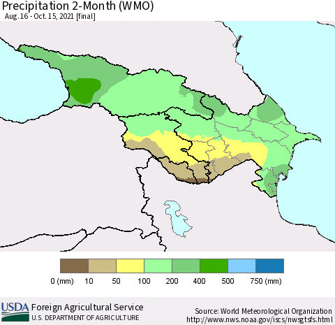 Azerbaijan, Armenia and Georgia Precipitation 2-Month (WMO) Thematic Map For 8/16/2021 - 10/15/2021
