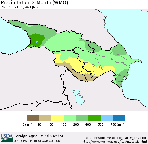 Azerbaijan, Armenia and Georgia Precipitation 2-Month (WMO) Thematic Map For 9/1/2021 - 10/31/2021