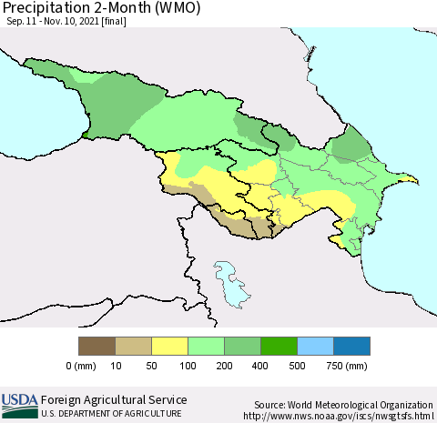 Azerbaijan, Armenia and Georgia Precipitation 2-Month (WMO) Thematic Map For 9/11/2021 - 11/10/2021